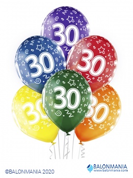 Balon 30 rojstni dan večbarvni, lateks (6 kom)