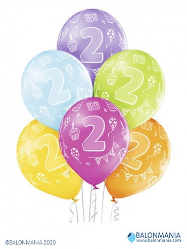 Balon 2 rojstni dan večbarvni, lateks (6 kom)