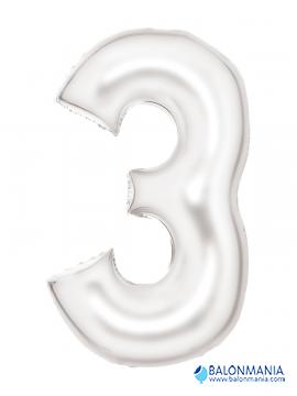 Balon 3 številka bel velik - svilen sijaj